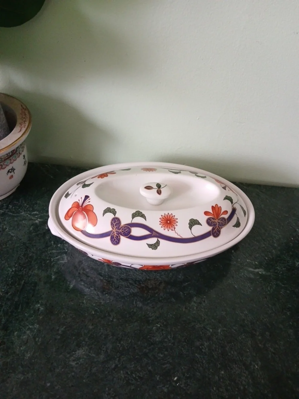 Royal Worcester White Covered Casserole with Orange Floral & Purple Vine Motif